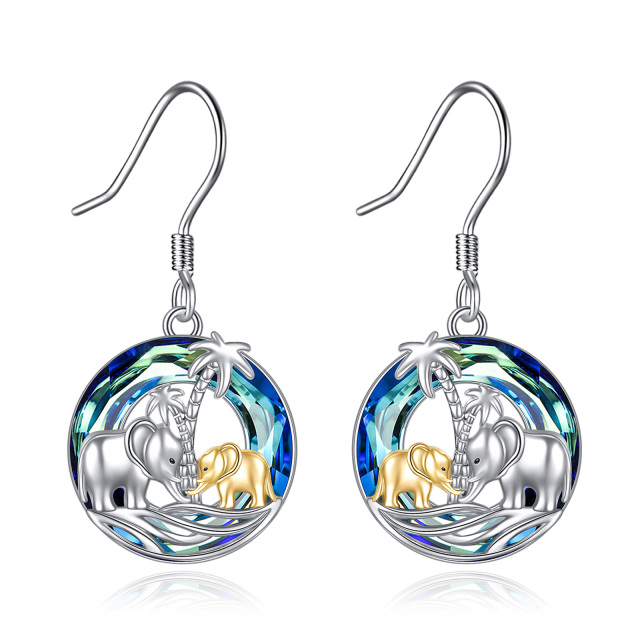 Sterling Silver Two-tone Circular Shaped Crystal Elephant & Coconut Tree Drop Earrings-1