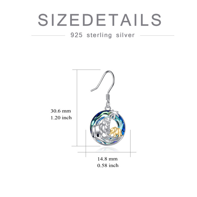 Sterling Silver Two-tone Circular Shaped Crystal Elephant & Coconut Tree Drop Earrings-5