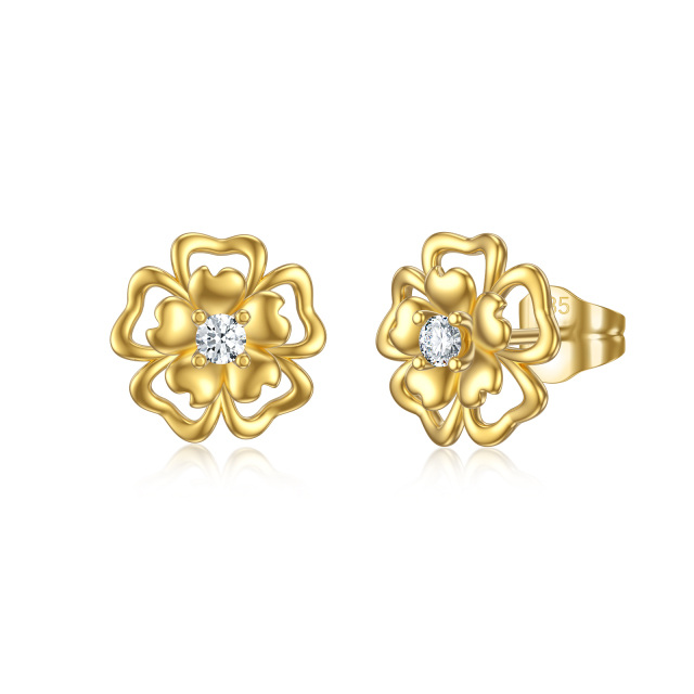 14K Solid Gold with Moissanite Flower Stud Earrings With Push Backs for Females-0