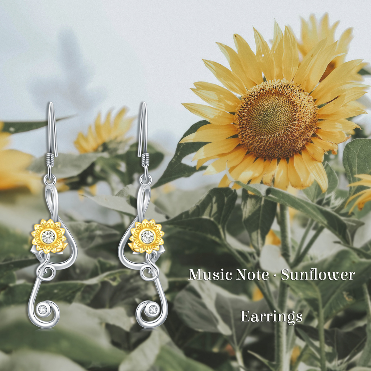 Sterling Silver with Rose Gold Plated Sunflower & Music Symbol Drop Earrings-4