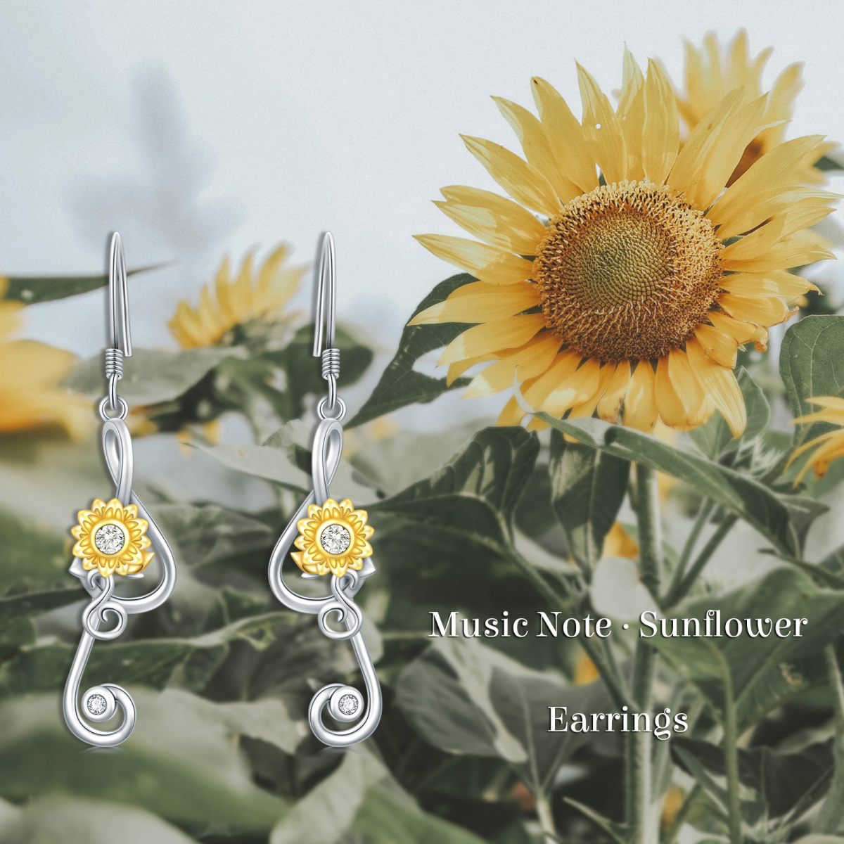 Pendientes de plata de ley con baño de oro rosa Girasol y símbolo de la música-4