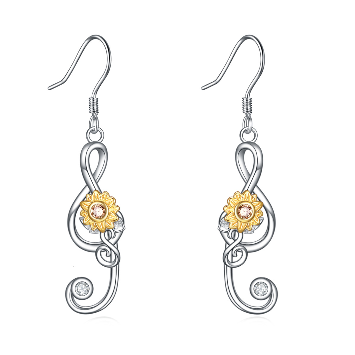 Sterling Silber mit Rose vergoldet Sonnenblume & Musik Symbol Tropfen Ohrringe-1