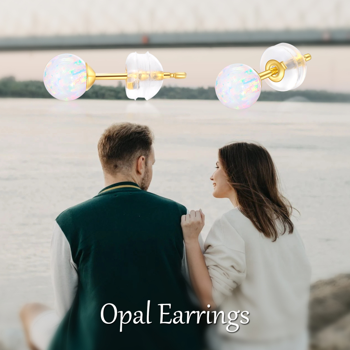 14K Gold Circular Shaped Opal Round Stud Earrings-6