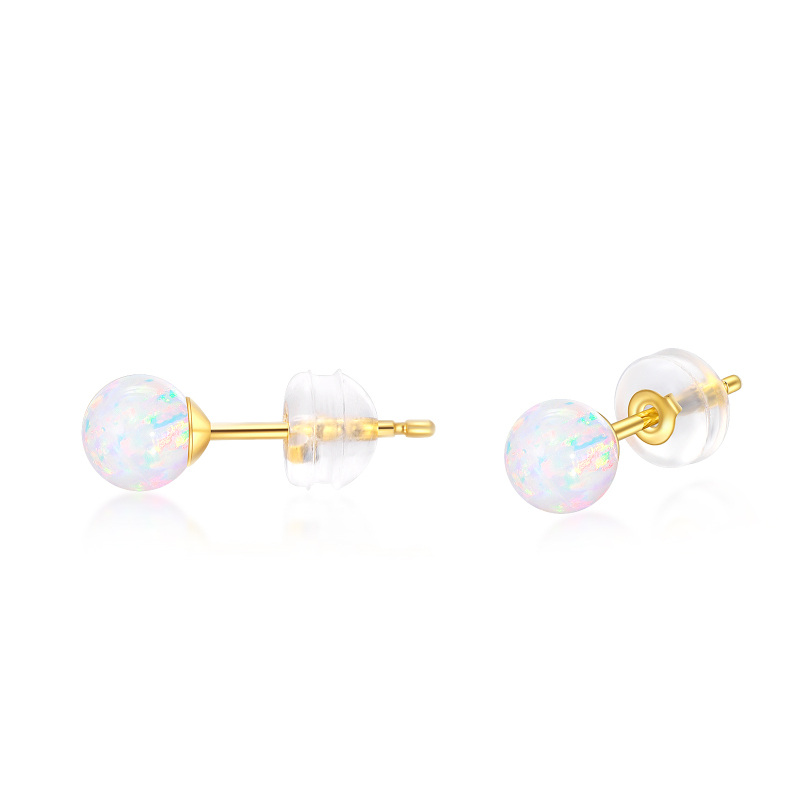 14K Gold Circular Shaped Opal Round Stud Earrings