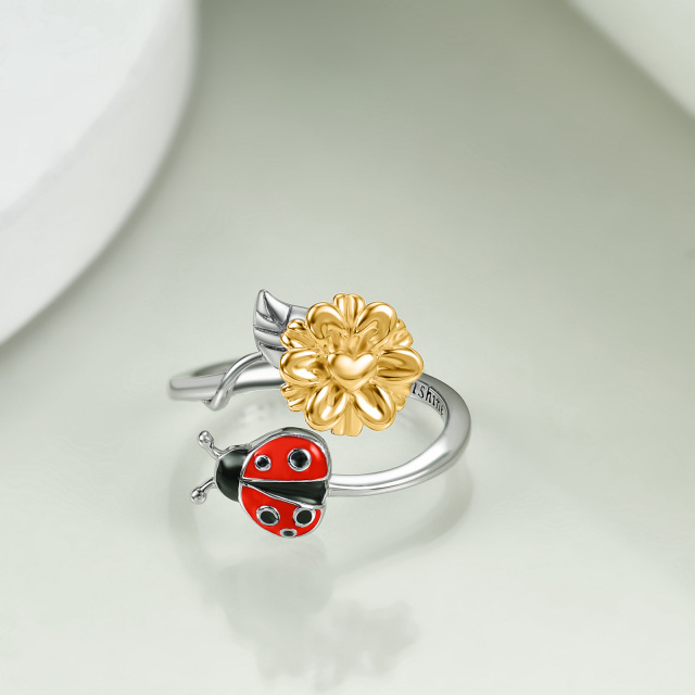 Sterling Silver Ladybug & Sunflower Open Ring with Engraved Word-2