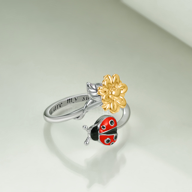 Sterling Silver Ladybug & Sunflower Open Ring with Engraved Word-3