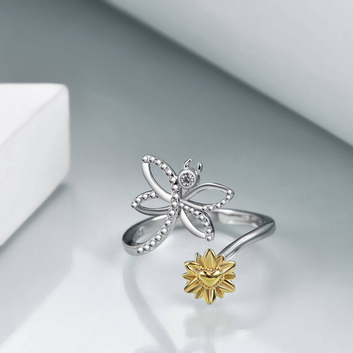 Sterling Silver Two-tone Circular Shaped Cubic Zirconia Dragonfly Ring-4