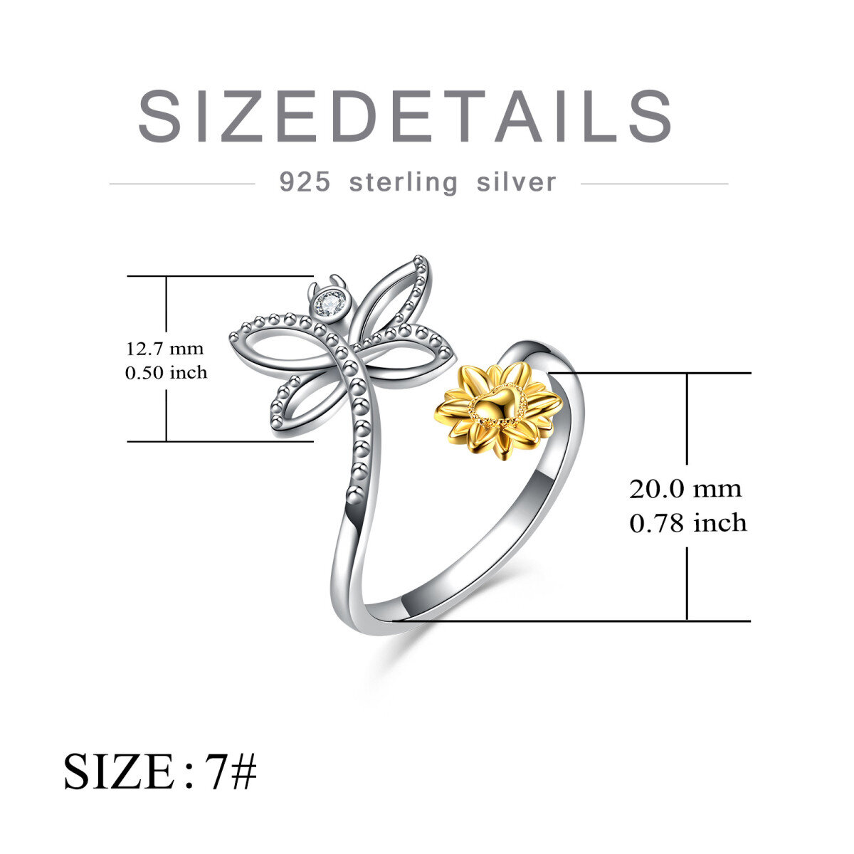 Sterling Silver Two-tone Circular Shaped Cubic Zirconia Dragonfly Ring-5