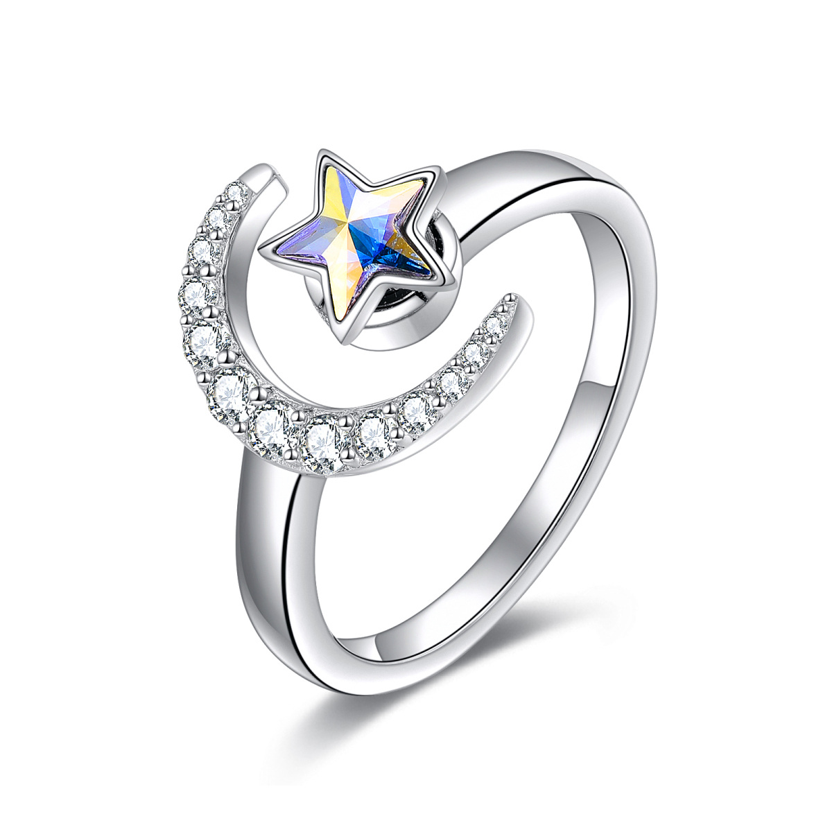 Sterling Silver Cubic Zirconia Moon & Pentagram & Star Open Ring-1