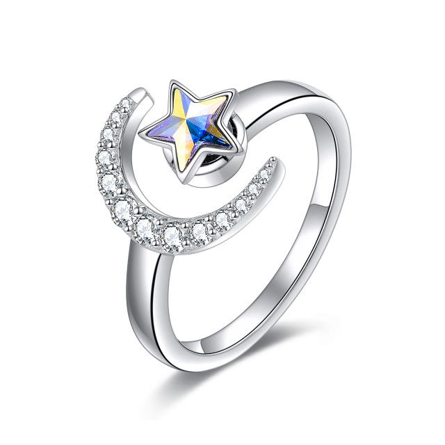 Anel aberto de estrela com pentagrama de lua de zircônia cúbica em prata esterlina-0