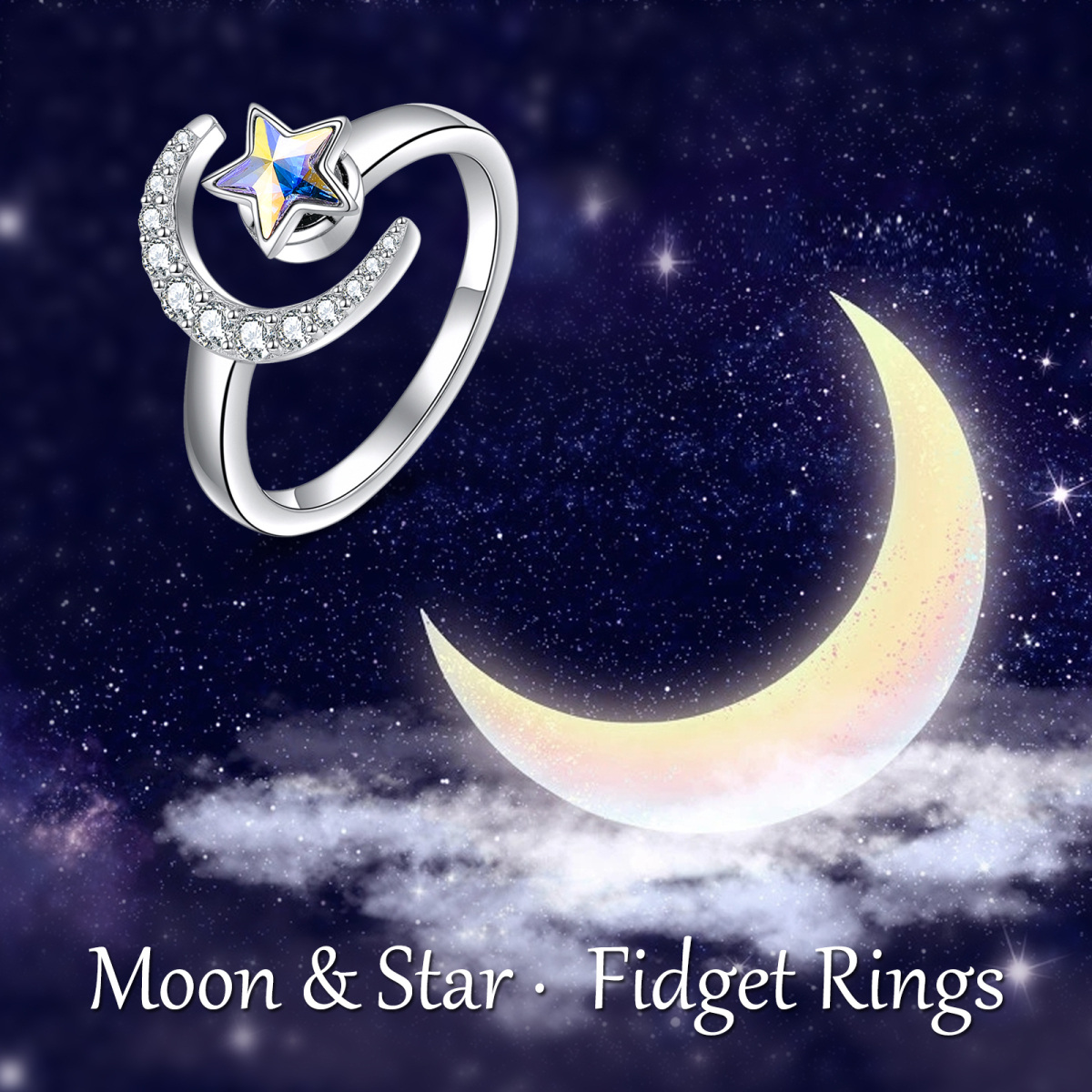 Sterling Silver Cubic Zirconia Moon & Pentagram & Star Open Ring-6