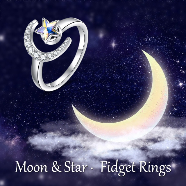 Anel aberto de estrela com pentagrama de lua de zircônia cúbica em prata esterlina-5