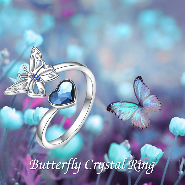 Anel aberto de borboleta de cristal em formato de coração em prata esterlina-4