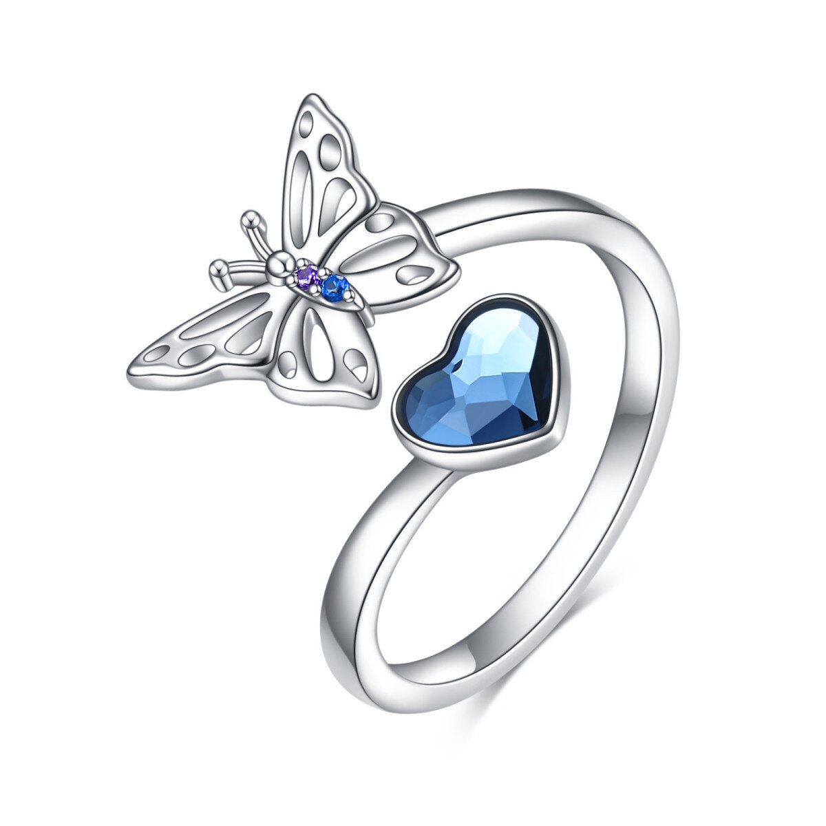 Anillo abierto de mariposa con cristal en forma de corazón de plata de ley-1