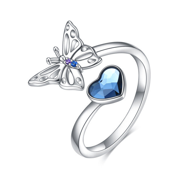 Anillo abierto de mariposa con cristal en forma de corazón de plata de ley-0