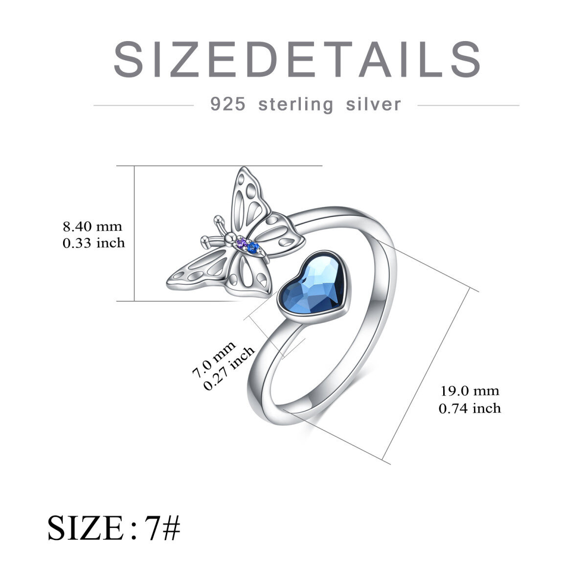 Anillo abierto de mariposa con cristal en forma de corazón de plata de ley-6