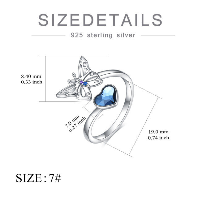 Anel aberto de borboleta de cristal em formato de coração em prata esterlina-5