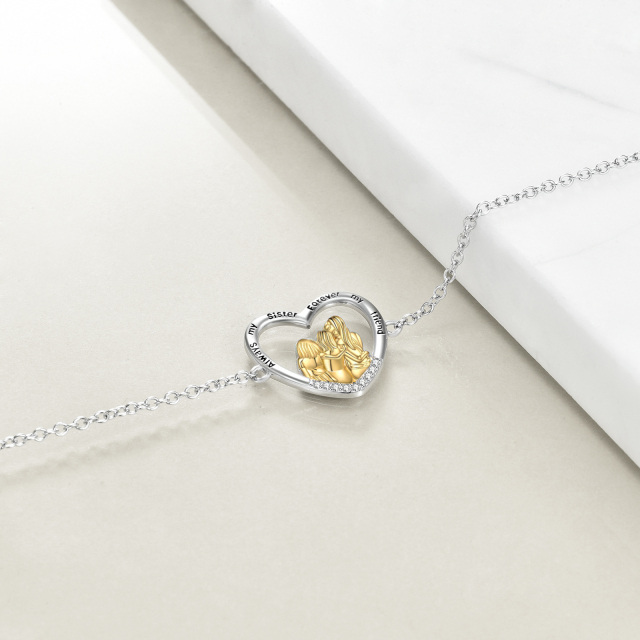 Bracelet en argent sterling bicolore avec pendentif en forme de coeur et de soeur en zirco-2