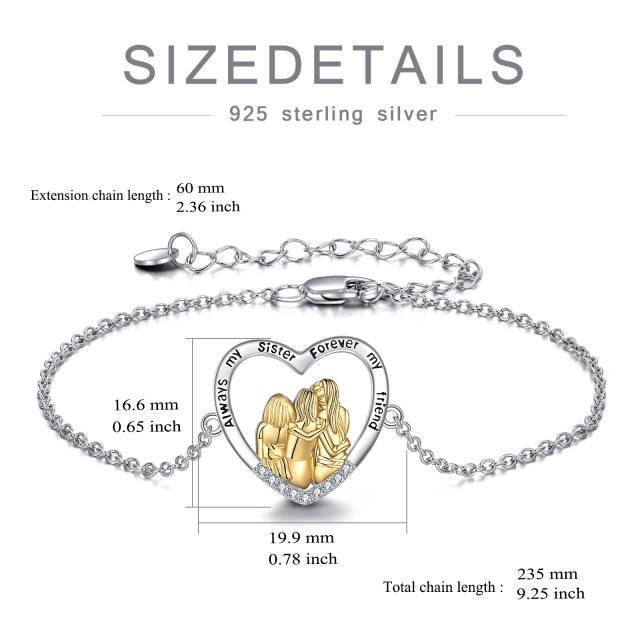 Sterling Silver Two-tone Circular Shaped Cubic Zirconia Sisters & Heart Pendant Bracelet with Engraved Word-4