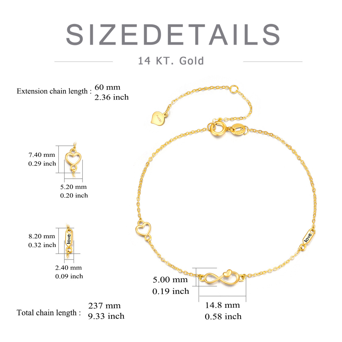 14K Gold Heart & Infinity Symbol Pendant Bracelet-4