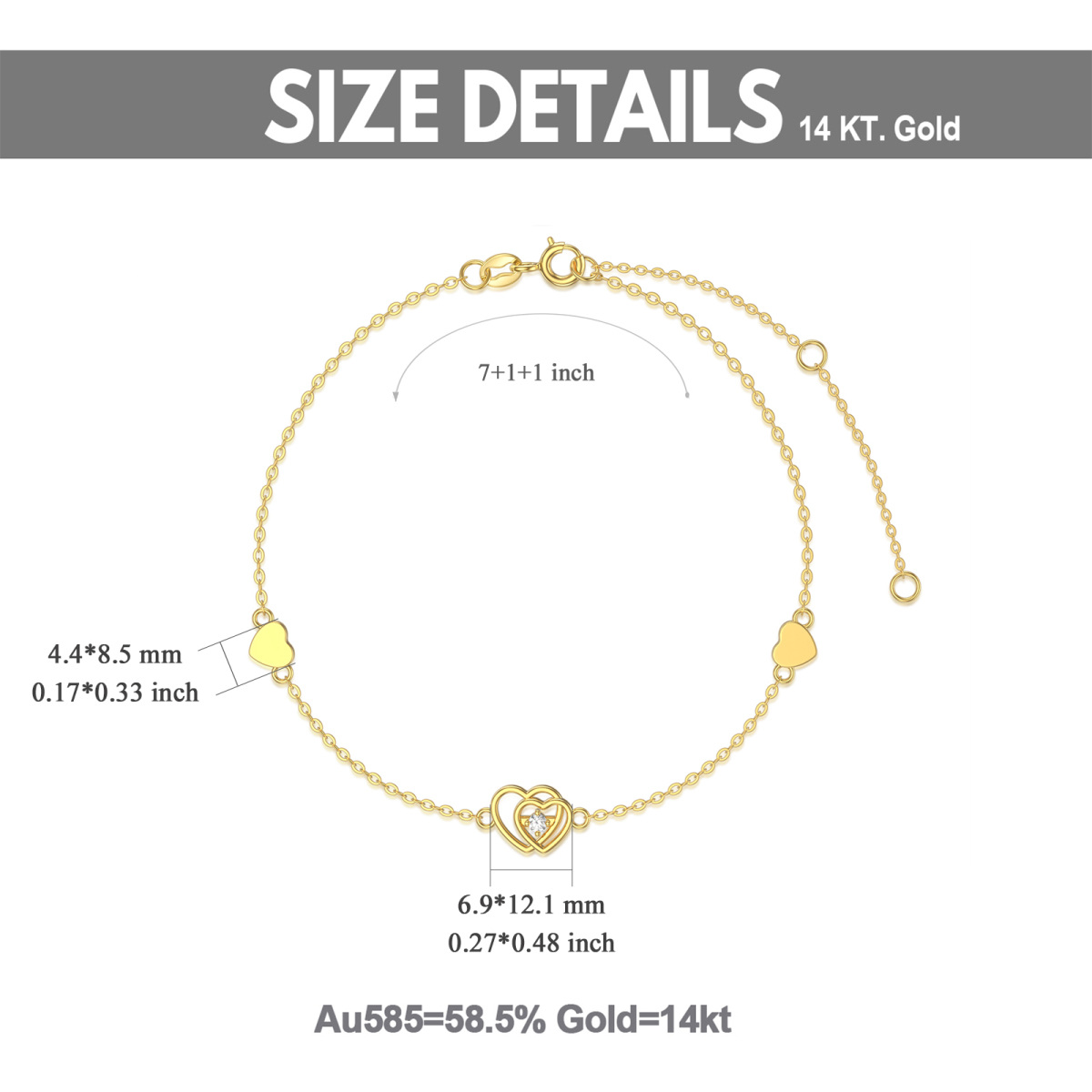 Bracelet en or 14K avec pendentif en forme de coeur en zircon cubique-5