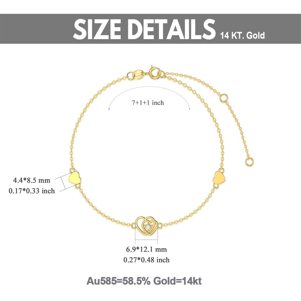 14K Gold Circular Shaped Cubic Zirconia Heart Pendant Bracelet-5