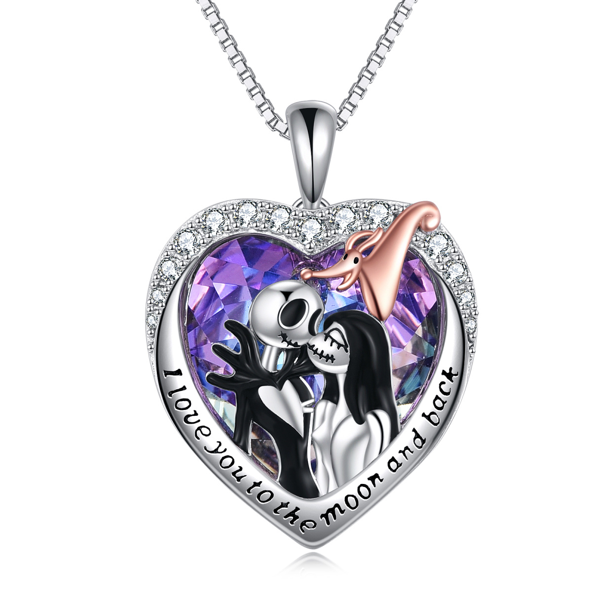 Sterling Silver Two-tone Heart Crystal Couple & Heart Pendant Necklace with Engraved Word-1