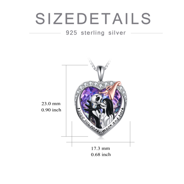 Sterling Silver Two-tone Heart Crystal Couple & Heart Pendant Necklace with Engraved Word-5