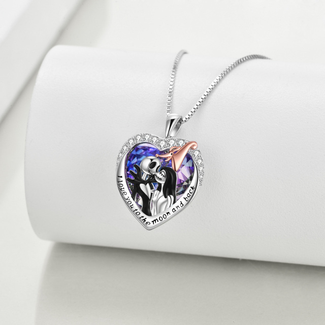 Sterling Silver Two-tone Heart Crystal Couple & Heart Pendant Necklace with Engraved Word-3