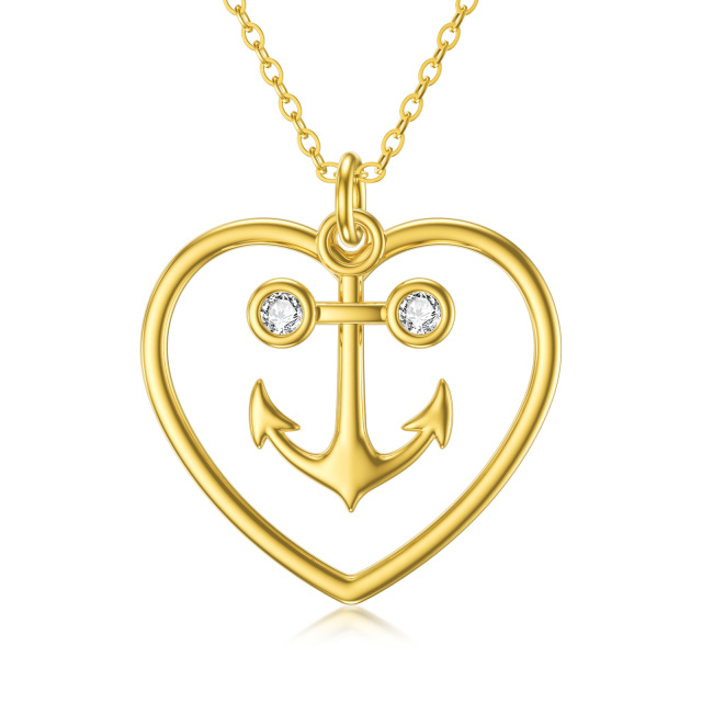 14K Gold Cubic Zirconia Anchor & Heart Pendant Necklace-0
