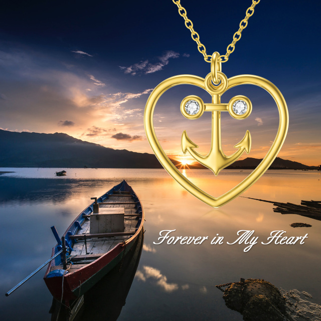 14K Gold Cubic Zirconia Anchor & Heart Pendant Necklace-6