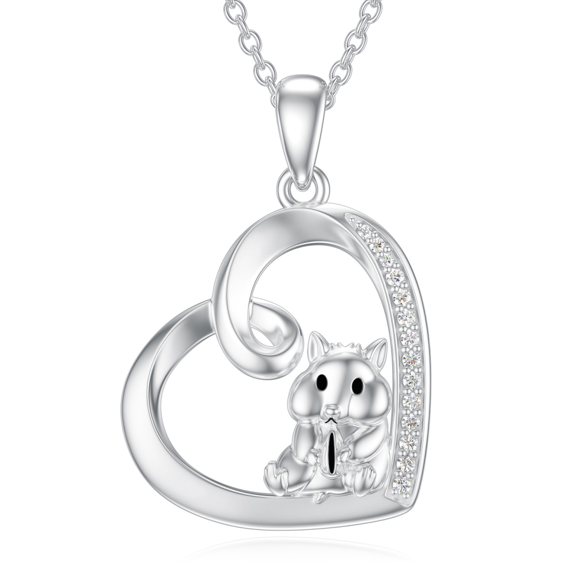 Sterling Silver Heart Diamond Mouse & Heart Pendant Necklace-1