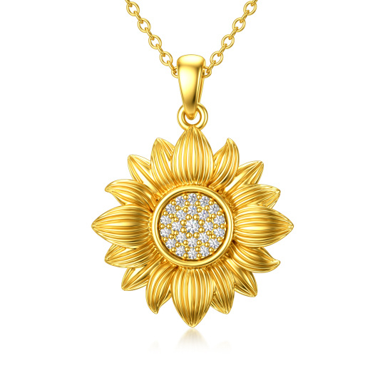 18K Gold Circular Shaped Diamond Sunflower Pendant Necklace