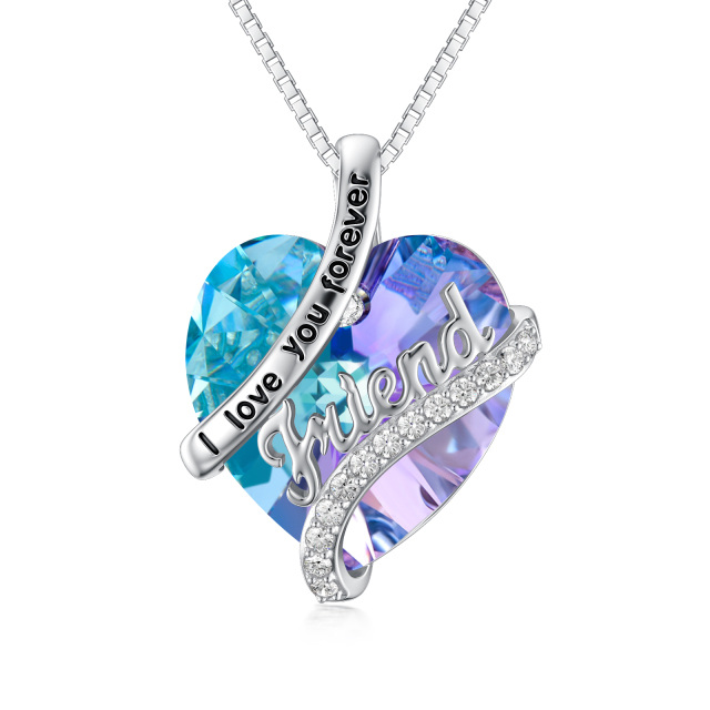 Sterling Silver Circular Shaped & Heart Shaped Heart Crystal Pendant Necklace with Engraved Word-0