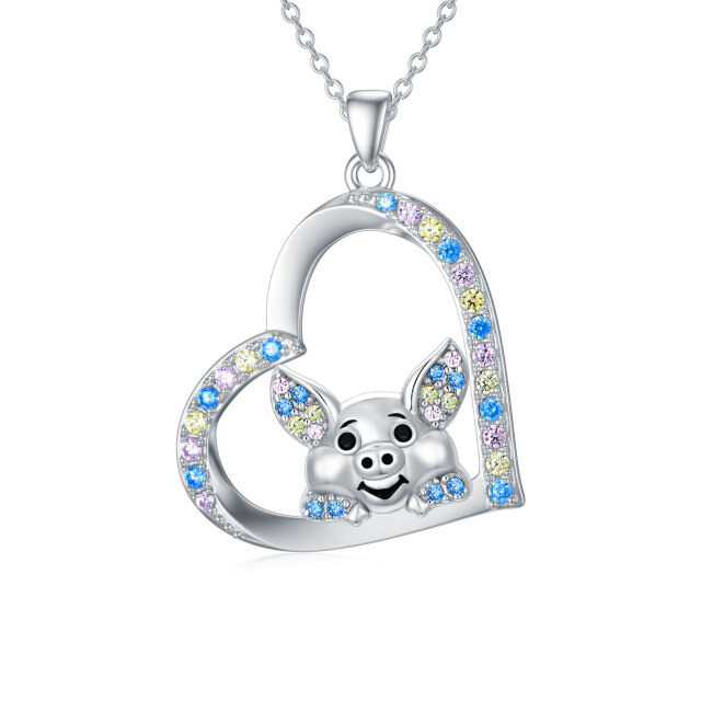 Sterling Silver Cubic Zirconia Pig & Heart Pendant Necklace-1