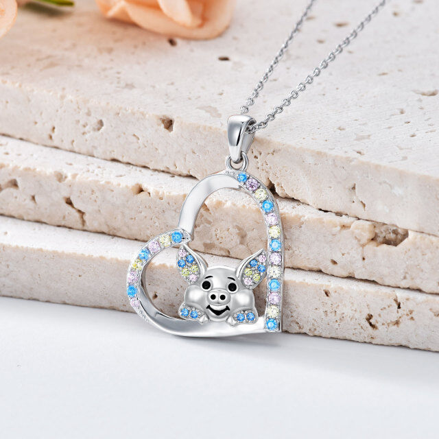 Sterling Silver Cubic Zirconia Pig & Heart Pendant Necklace-3