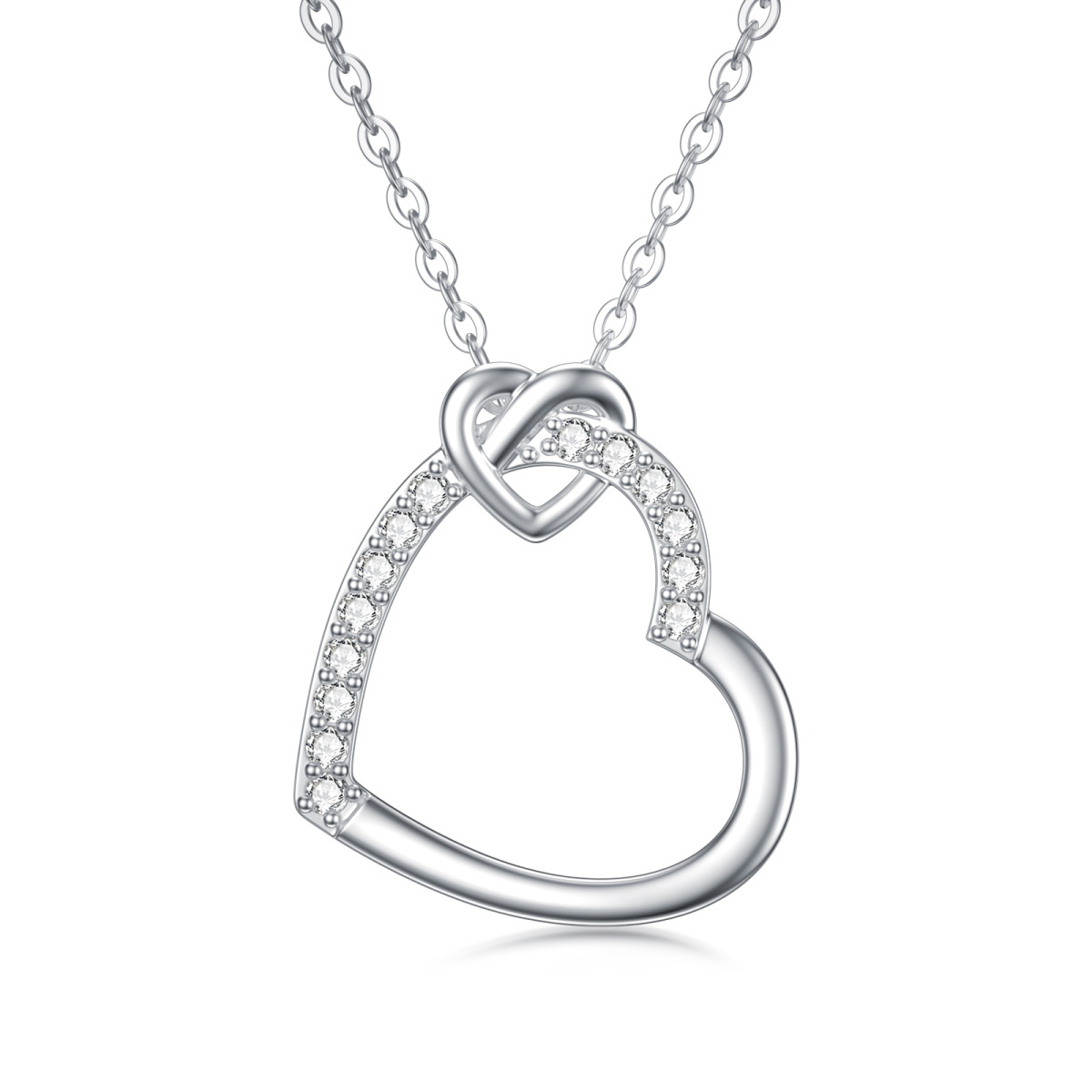 14K White Gold Moissanite Heart With Heart Pendant Necklace-1