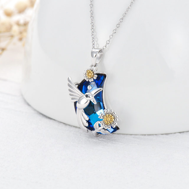 Sterling Silver Two-tone Hummingbird & Moon Crystal Pendant Necklace-2