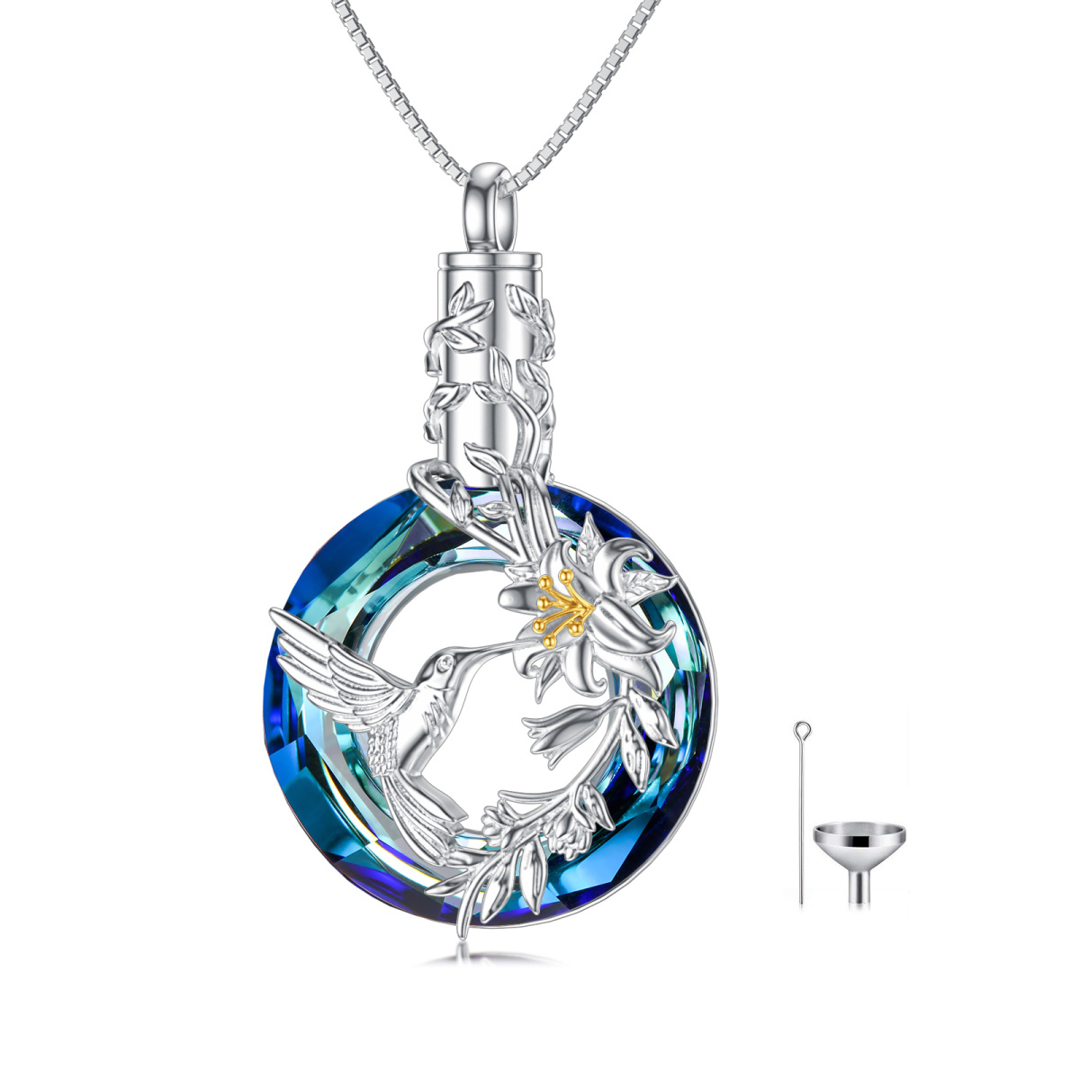 Sterling Silver Two-tone Circular Shaped Crystal Hummingbird Urn Necklace for Ashes-1