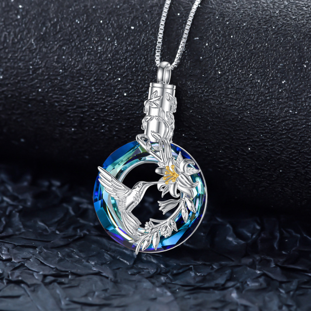 Sterling Silver Two-tone Circular Shaped Crystal Hummingbird Urn Necklace for Ashes-2
