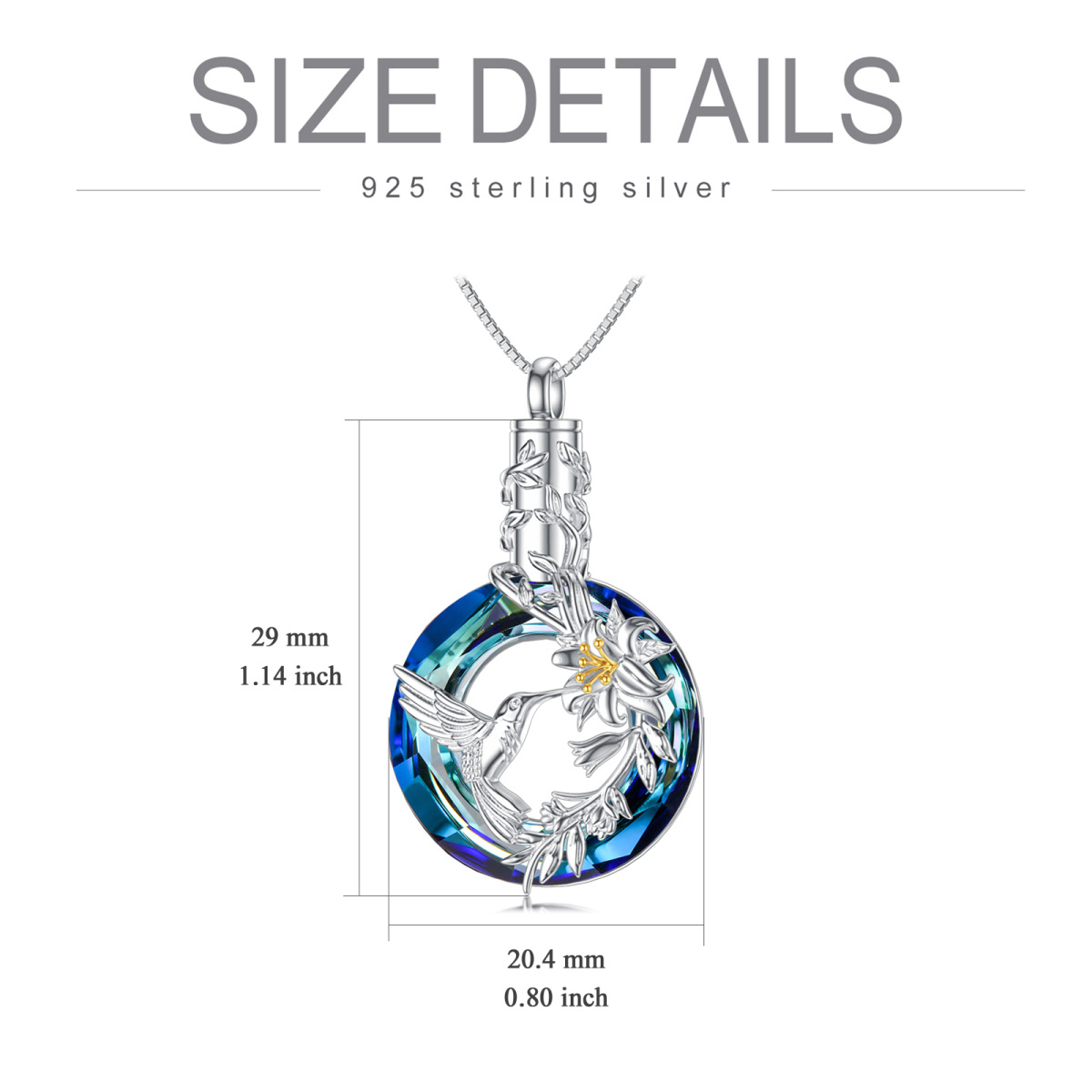 Sterling Silver Two-tone Circular Shaped Crystal Hummingbird Urn Necklace for Ashes-5