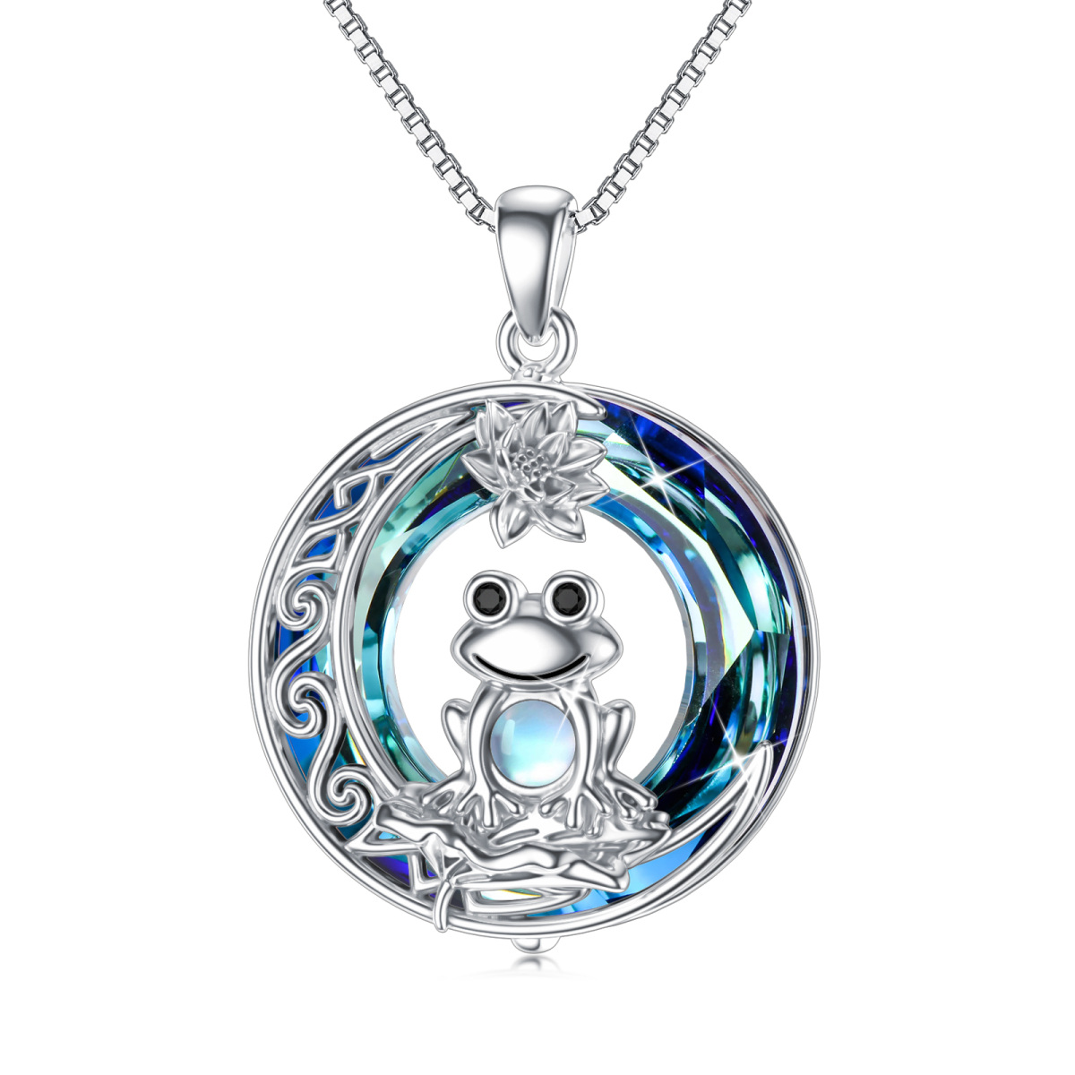 Sterling Silver Circular Shaped Frog & Lotus & Moon Crystal Pendant Necklace-1
