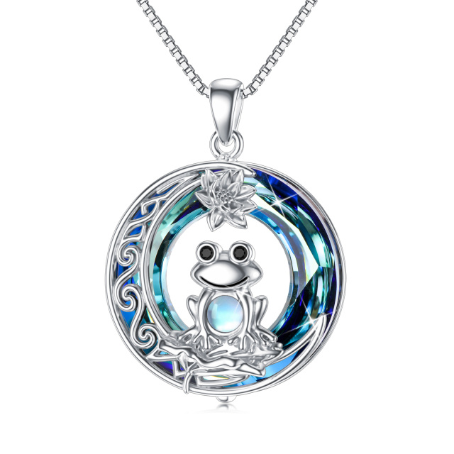 Sterling Silver Circular Shaped Frog & Lotus & Moon Crystal Pendant Necklace-0
