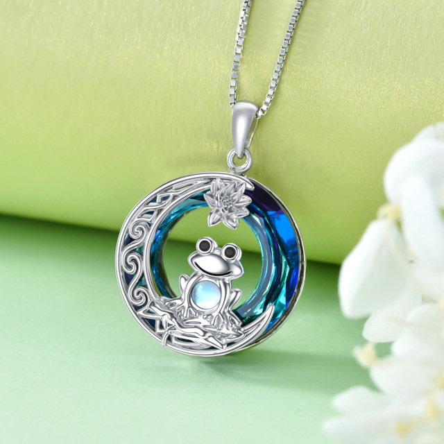 Sterling Silver Circular Shaped Frog & Lotus & Moon Crystal Pendant Necklace-3
