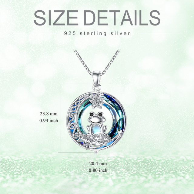 Sterling Silver Circular Shaped Frog & Lotus & Moon Crystal Pendant Necklace-4