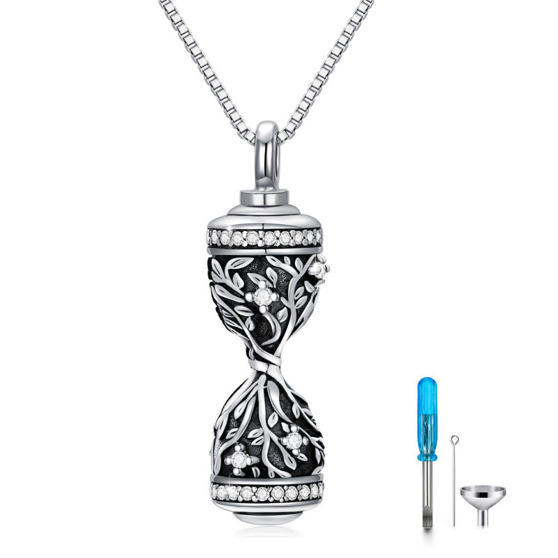 Sterling Silver Cubic Zirconia Tree Of Life & Hourglass Urn Necklace for Ashes