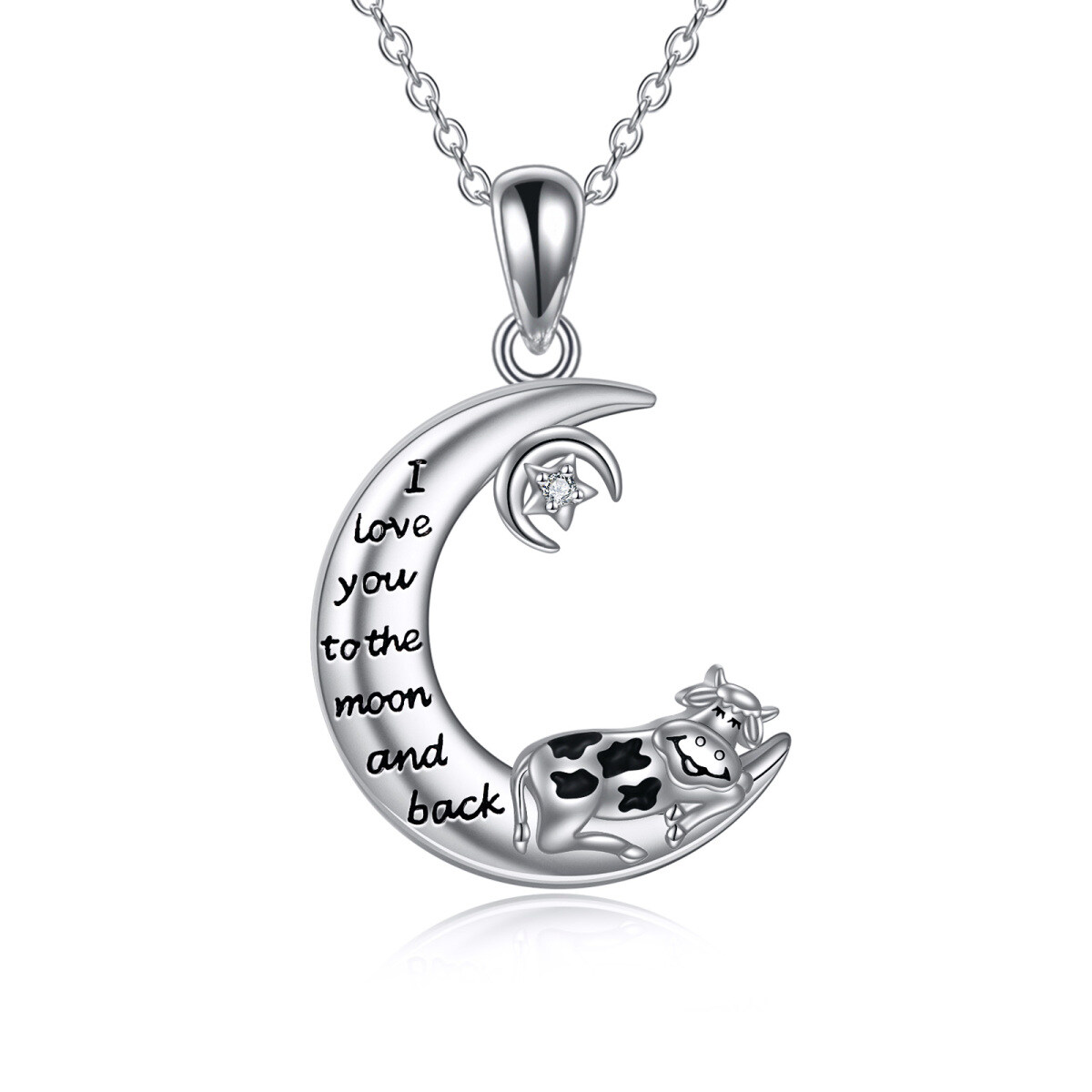 Sterling Silver Cubic Zirconia Cow & Moon Pendant Necklace-1