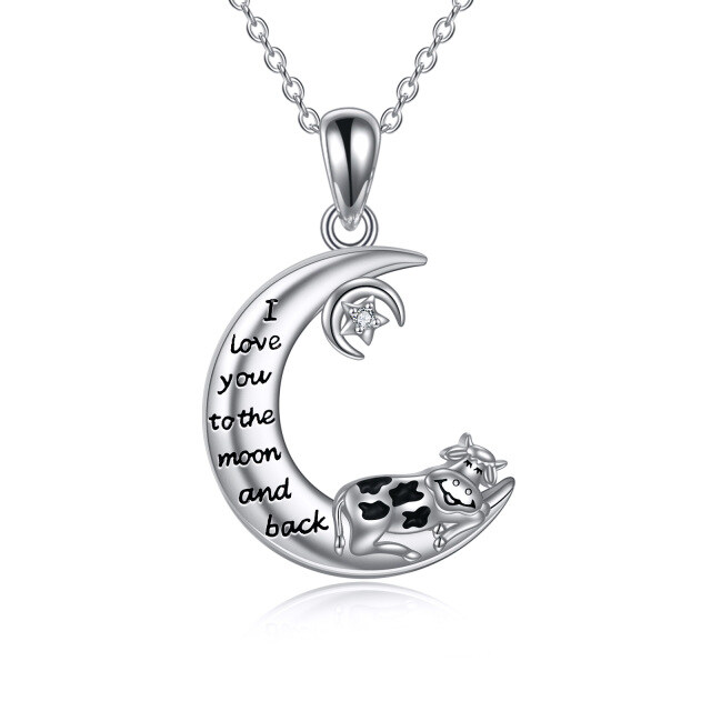 Collana con ciondolo a forma di mucca e luna in argento sterling con zirconia cubica-1