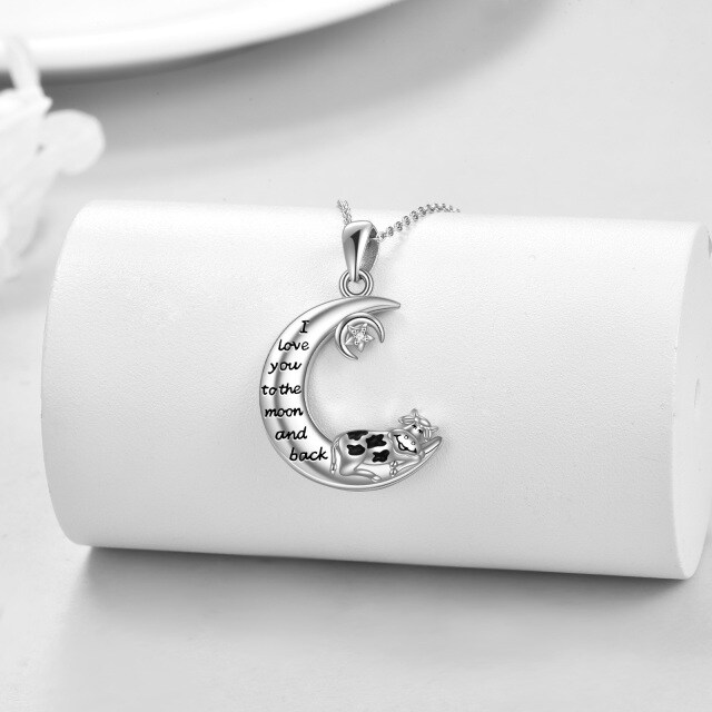 Collana con ciondolo a forma di mucca e luna in argento sterling con zirconia cubica-3