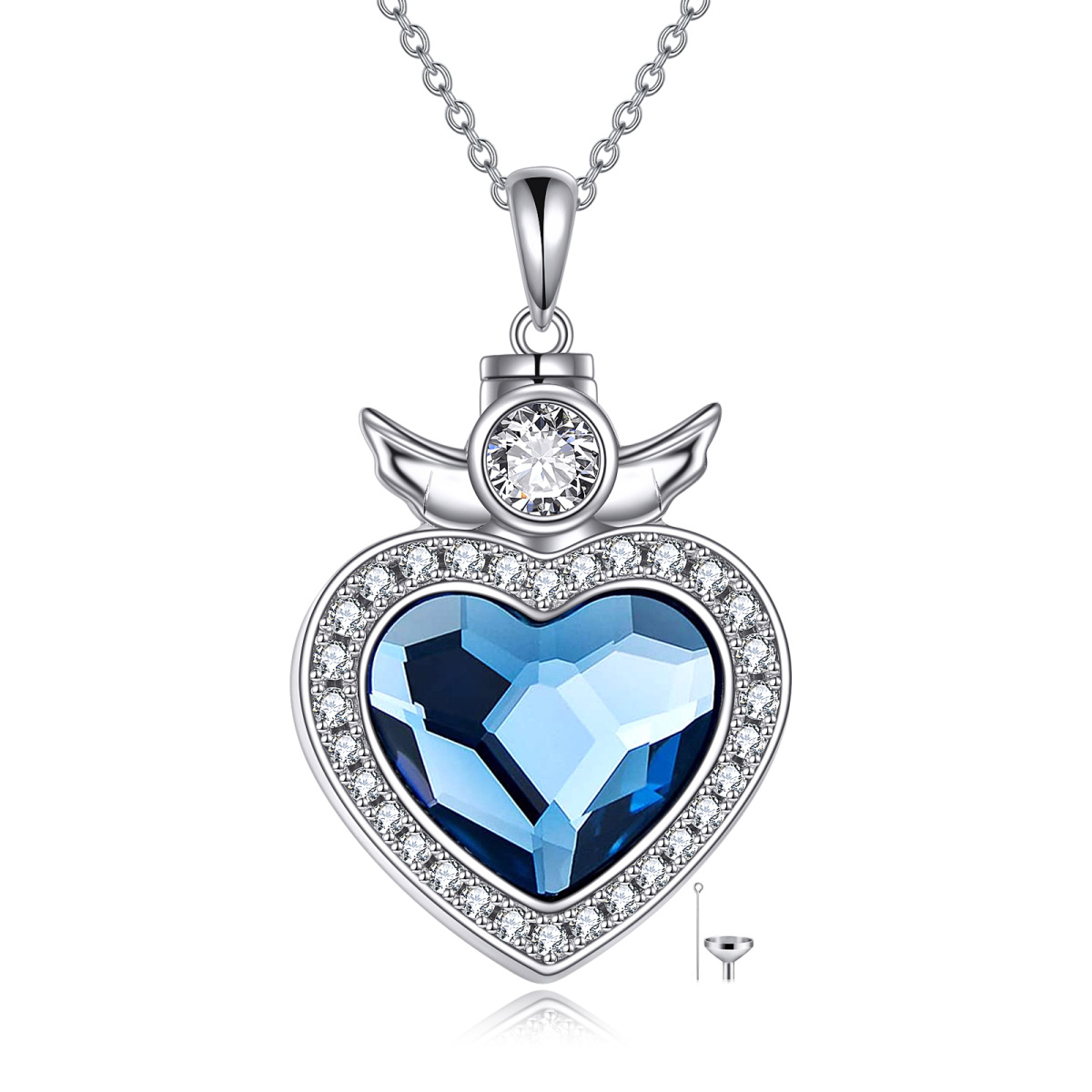 Sterling Silver Heart Crystal Angel Wing & Heart Urn Necklace for Ashes-1